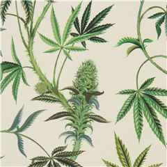 Tissu crme avec des feuilles de chanvre Tissu par Alexander Henry