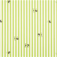 Tissu lamin vert et blanc  rayures avec des petits chats noirs qui se cachent Tissu par Japanese Indie