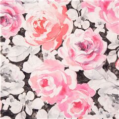 Tissu gris avec des roses roses et de grandes fleurs peintes  l'aquarelle Tissu par Michael Miller