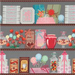 Tissu gris avec des bonbons et des chocolats multicolores Tissu par Stof France