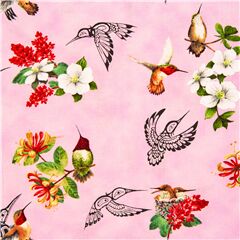 Tissu rose avec des colibris et fleurs sous forme d'illustrations et graphiques Tissu par Elizabeth's Studio