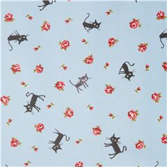 Tissu lamin CocoLand bleu clair avec des chats et des roses import du Japon Tissu par Japanese Indie