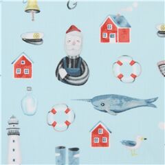 Tissu Dear Stella bleu clair avec des accessoires nautiques/marins, des baleines coupon (coupon)