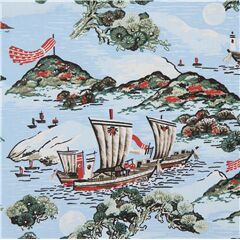 Tissu dobby en rayonne bleu clair avec des bonsas, des bateaux, des arbres Tissu par Japanese Indie