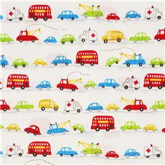 Tissu en popeline crme clair avec des petites voitures et bus multicolores Tissu par Japanese Indie