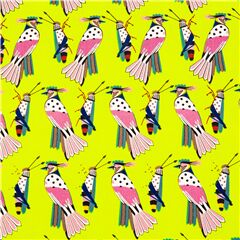 Tissu vert citron avec des sauterelles et des faucons multicolores Tissu par Alexander Henry