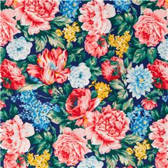 Tissu bleu marine roses multicolores peintes, dahlias, tulipes lilas Tissu par Liberty Fabrics