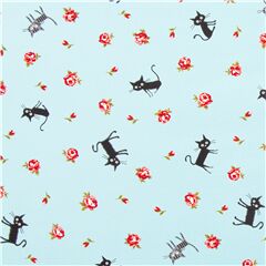 Tissu CocoLand bleu ple avec des chats et des roses, import du Japon Tissu