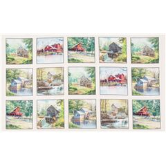 Tissu en coton  panneaux crme moulin  eau, paysages thme de la rivire Tissu par Elizabeth's Studio