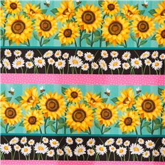 Tissu coton bandes rose noir bleu fleurs marguerites papillons Tissu par Michael Miller