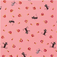 Toile CocoLand rose avec des chats noirs  rayures, des roses, import du Japon Tissu par Japanese Indie