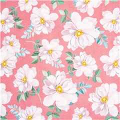 Tissu en coton rose vintage botanique, grandes roses blanches Tissu par Michael Miller