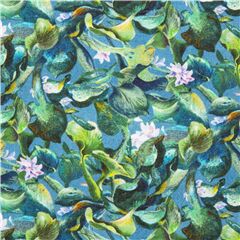 Tissu bleu avec des jacinthes d'eau et des fleurs violettes Tissu par Elizabeth's Studio