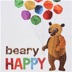 Tissu Andover blanc avec un grand ours brun avec des ballons, Beary Happy Tissu par Andover Fabrics