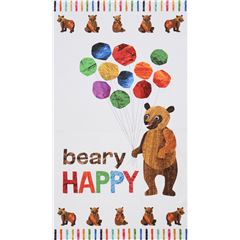Tissu Andover blanc avec un grand ours brun avec des ballons, Beary Happy Tissu par Andover Fabrics