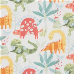 Tissu blanc avec des dinosaures multicolores Tissu par Dear Stella