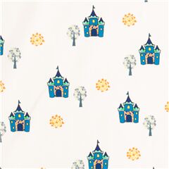 weies Mrchenlabyrinth mit geometrischem Sonnenbaum und Schloss Stoff von Michael Miller