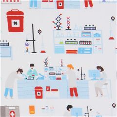 Tissu blanc avec des laboratoires de recherche, des scientifiques Tissu par Robert Kaufman