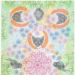 Tissu blanc, chats, oiseaux,fleurs, feuilles, ucy & Ollie Digital Tissu par Robert Kaufman