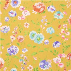 Gelber Stoff Japan gro und klein blau rot rosa Blumen und Bltter Aquarell Stoff von Cosmo