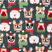 Tissu animalier Alexander Henry chiens sur chapeaux de Noël en coton vert