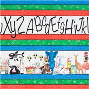 Tissu à rayures avec des animaux, des lettres de l'alphabet