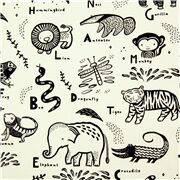 Tissu blanc lettres de l'alphabe anglais animaux illustrés en noir