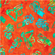 Tissu Batik en coton orange avec des engins de construction bleus verts USA