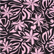 Tissu noir avec des fleurs tropicales rose fluo