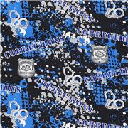 Tissu bleu et noir avec des badges policiers menottes patchs mots corrections