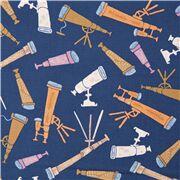 Tissu d'astronomie en coton bleu avec des télescopes multicolores