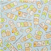 Tissu Oxford Kokka bleu avec pleins de Sumikkogurashi en rangées, des pois