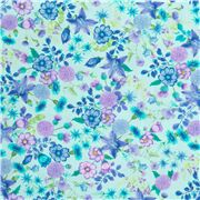 Tissu bleu avec des fleurs roses, violettes, vertes, Aqua