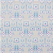 Tissu gris motif mur Art Déco bleu rose carreaux fleurs arbres