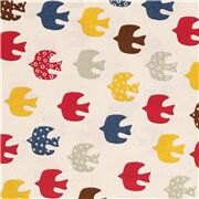 Tissu en coton au coloris naturel avec des oiseaux rouges bleus jaunes gris