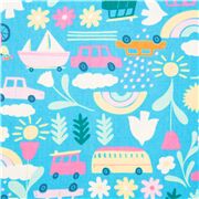 Tissu bleu avec des véhicules arc-en-ciel aux graphismes estivaux