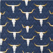 Tissu coton bleu foncé têtes de bison morts blanches style western
