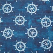 Tissu en coton bleu foncé avec des roues nautiques blanches