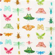 Tissu en coton blanc papillons et insectes multicolores alignés