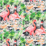 Tissu avec des oiseaux, des flamants roses et des feuilles vertes aquarelle