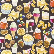 Tissu coton noir avec des chips du vin du pop-corn style aquarelle