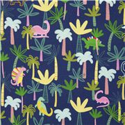 Tissus en coton bleu foncé dinosaures et arbres multicolores