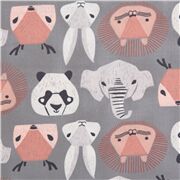 Tissu en flanelle grise des têtes de pandas, d'éléphants et de lions