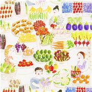 Tissu coton blanc marché de fruits et légumes multicolores aquarelle