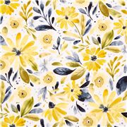 Minky weißer Blumenstoff mit gelben Blumen und Blattmotiven