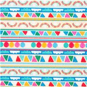 Tissu en coton Dino Mix Stripe triangles multicolores, nuages, arc-en-ciel