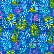 Tissu feuillage coton bleu USA frondes feuilles vert violet bleu aquarelle