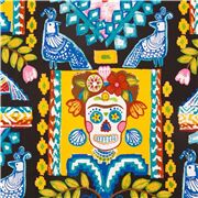 Tissu coton noir et jaune Frida crânes en sucre oiseaux fleurs