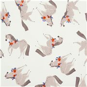 Tissu en coton blanc illustré de poneys gris avec des guirlandes de fleurs