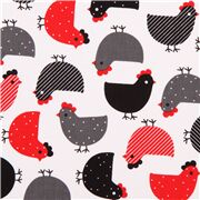 Tissu jersey lisse extra large blanc avec des poules, rouge gris noir